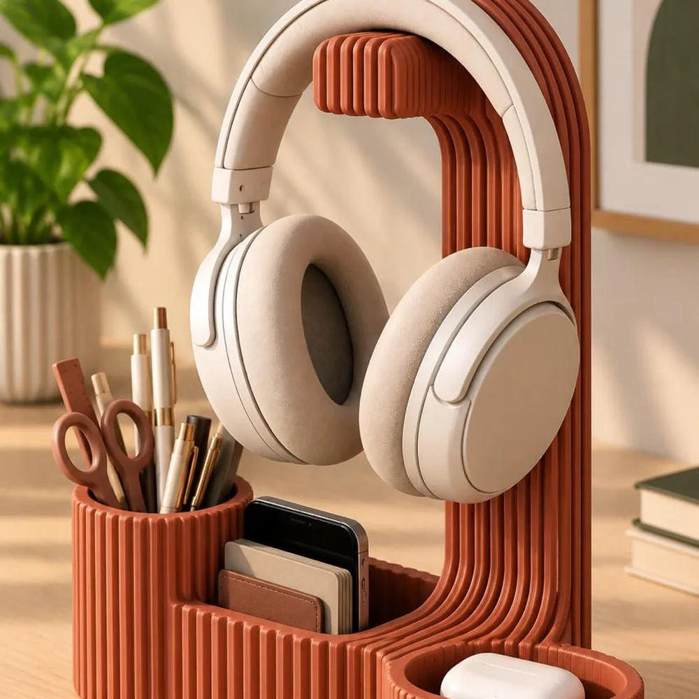 Terracotta 3D printed headphone stand with desk organizer