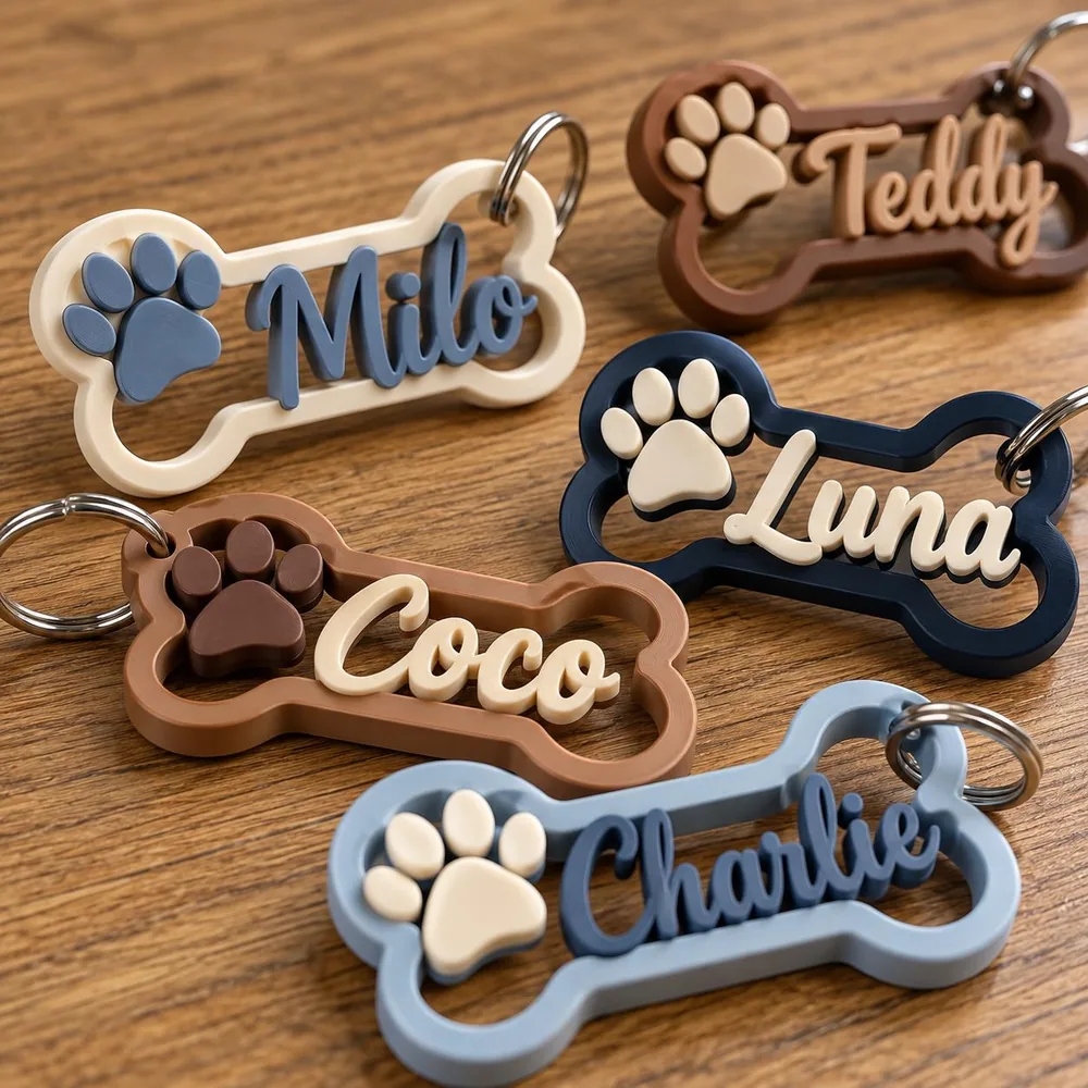 Personalized 3D printed pet name bone keychains